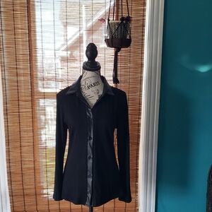 Absolitely Fsmous Collared Black Button-Front Women's Top with Pleather Detail